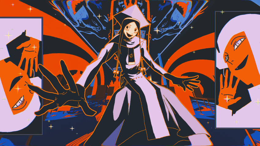 2girls, abstract, bakui, chair, color_contrast, dynamic_pose, feet_out_of_frame, fisheye