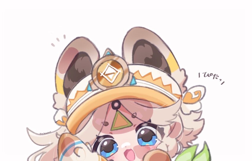 1girl, :d, against_glass, amimia_zaxtuta, animal_ears, artist_name, blue_eyes, close-up, genshin_impact, gloves, hat, highres, jewelry, kachina_(genshin_impact), light_brown_hair, looking_at_viewer, notice_lines, open_mouth, parted_bangs, short_eyebrows, simple_background, smile, solo, sound_effects, thick_eyebrows, white_background, yellow_hat