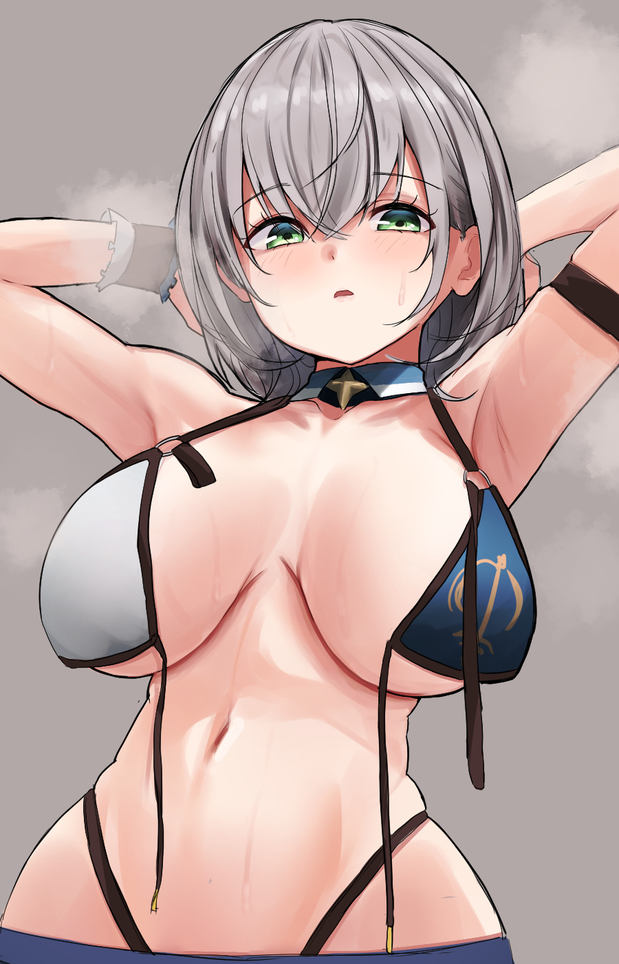 1girl, alternate_costume, arm_up, armpits, bikini, bikini_skirt, blue_bikini, blue_skirt, blush, breasts, breasts_apart, commentary, green_eyes, grey_background, grey_hair, high-waist_bikini, highres, hololive, large_breasts, looking_at_viewer, maramuya, medium_hair, multicolored_bikini, open_mouth, presenting_armpit, shirogane_noel, shirogane_noel_(summer_2020), skirt, solo, steaming_body, string_bikini, sweat, sweatdrop, swimsuit, two-tone_bikini, untied_bikini_top, virtual_youtuber, white_bikini