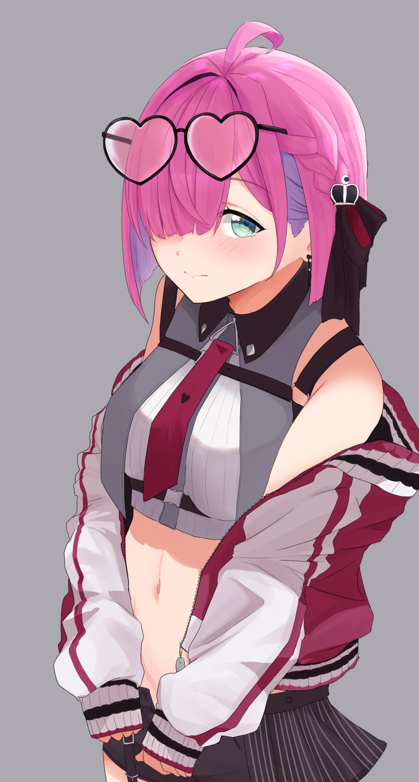 1girl, absurdres, ahoge, asymmetrical_bangs, bare_shoulders, black_shorts, blush, braid