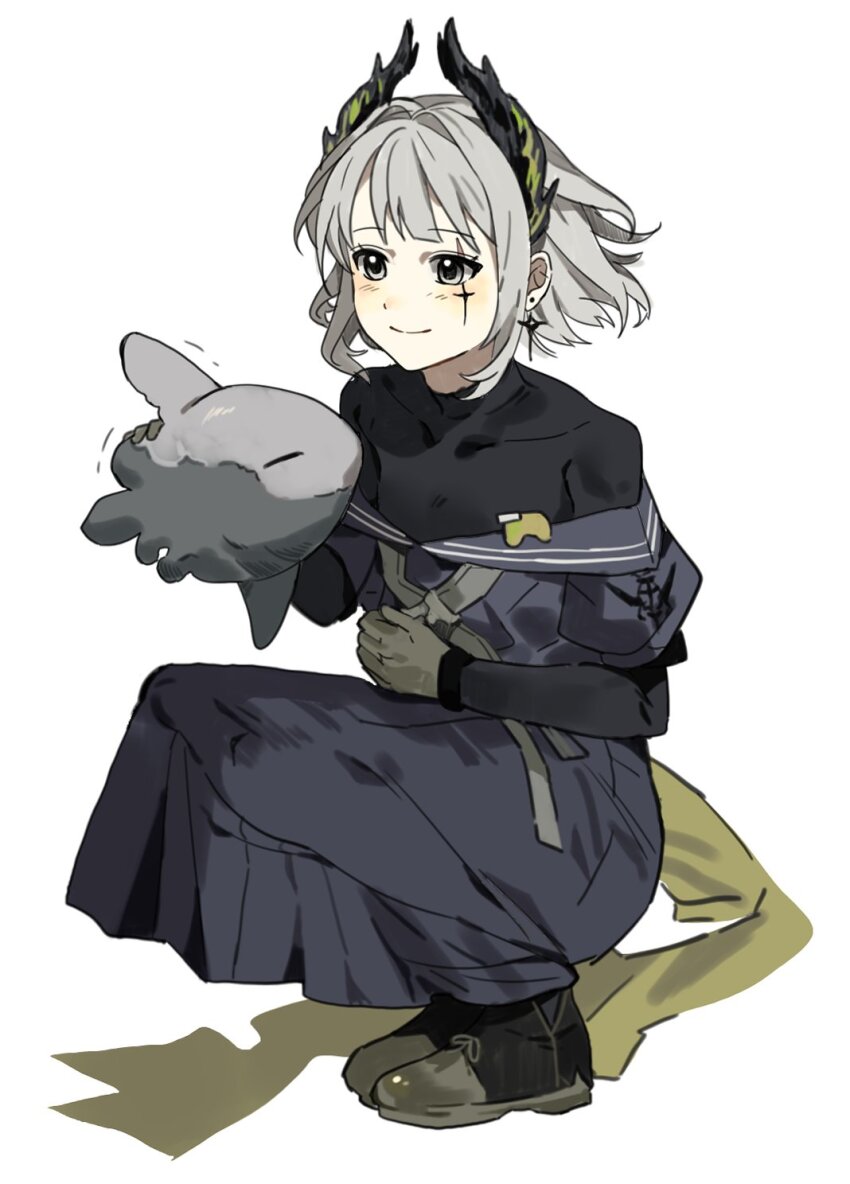 1girl, aehobakjeon, arknights, black_dress, black_shirt, black_shoes, blush, closed_mouth