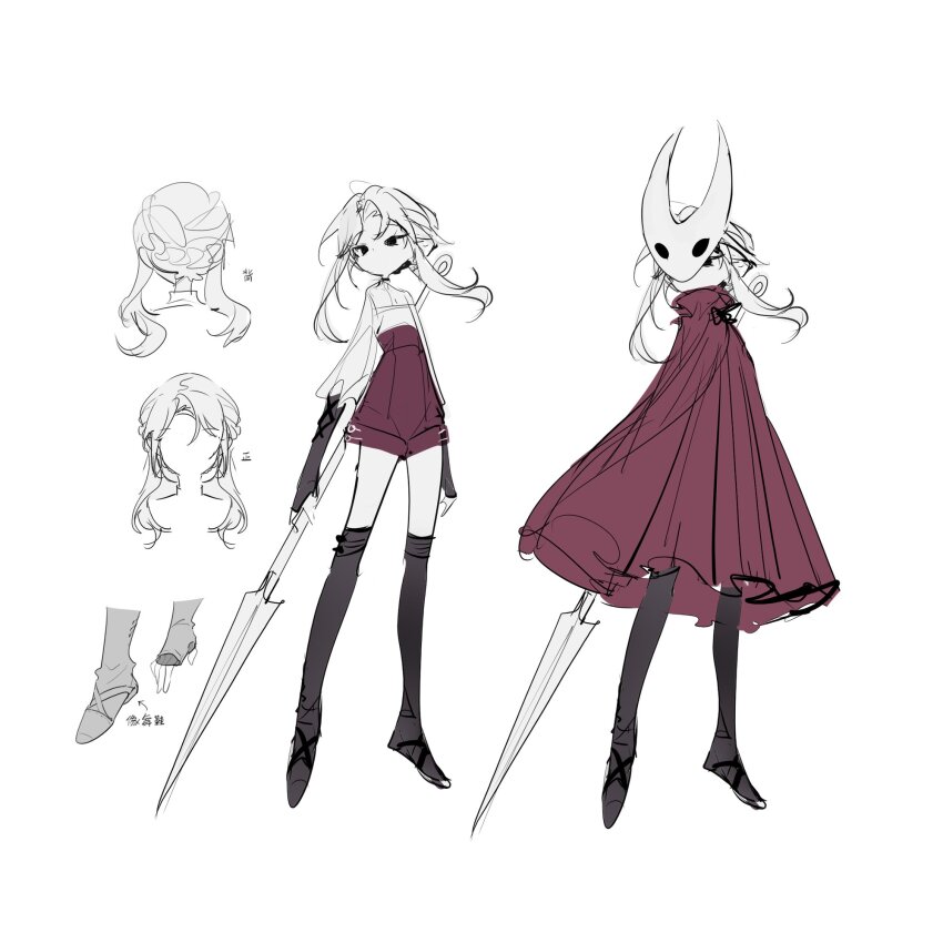 1girl, black_footwear, black_thighhighs, braid, cloak, full_body, high-waist_shorts, highres, holding, holding_sword, holding_weapon, hollow_knight, horned_mask, hornet_(hollow_knight), iotaone, mask, multiple_views, nape_braid, needle_(hollow_knight), personification, pink_cloak, pink_shorts, shorts, sidelocks, sword, thighhighs, weapon, white_hair