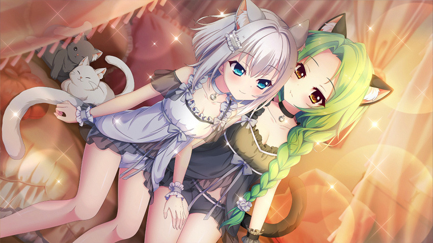 2girls, :t, animal_ear_fluff, animal_ears, babydoll, bed, bell, black_babydoll