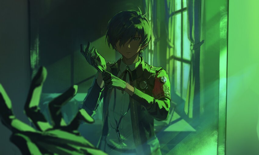 1boy, absurdres, adjusting_clothes, adjusting_gloves, armband, belt, black_gloves, black_jacket, black_ribbon, blue_hair, closed_mouth, collared_shirt, commentary, dark_blue_hair, earphones_removed, english_commentary, gekkoukan_high_school_uniform, gloves, green_sky, hair_over_one_eye, highres, indoors, jacket, long_sleeves, looking_at_mirror, male_focus, mirror, moonlight, neck_ribbon, night, open_clothes, open_jacket, persona, persona_3, persona_3_reload, pov, pov_hands, red_armband, reflection, ribbon, s.e.e.s, school_uniform, shirt, short_hair, sky, solo, upper_body, white_shirt, window, yosora, yuuki_makoto_(persona_3)