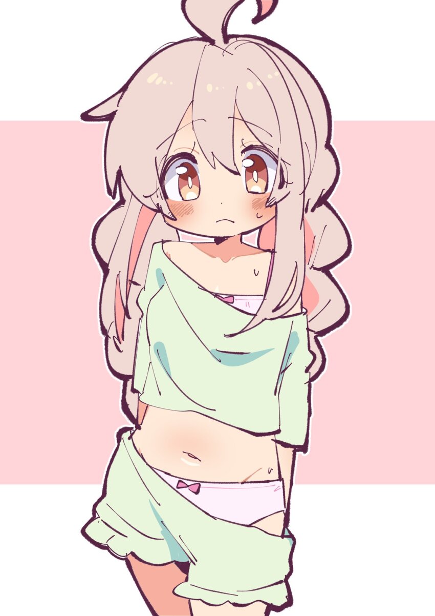09hkr, 1girl, ahoge, blush, bow, bow_panties, bra, bra_peek, braid, clothes_pull, commentary, dot_nose, dress, frown, hair_between_eyes, highres, long_hair, looking_at_viewer, midriff, navel, off-shoulder_dress, off_shoulder, onii-chan_wa_oshimai!, oyama_mahiro, pajamas, panties, pink_hair, shorts, shorts_pull, simple_background, solo, twin_braids, underwear