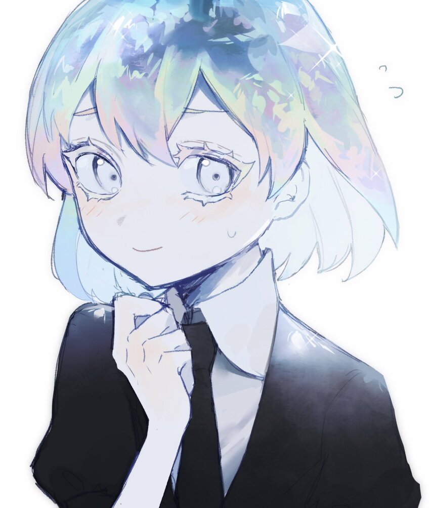 1girl, black_jacket, black_necktie, blue_hair, blush, bob_cut, closed_mouth, collared_shirt