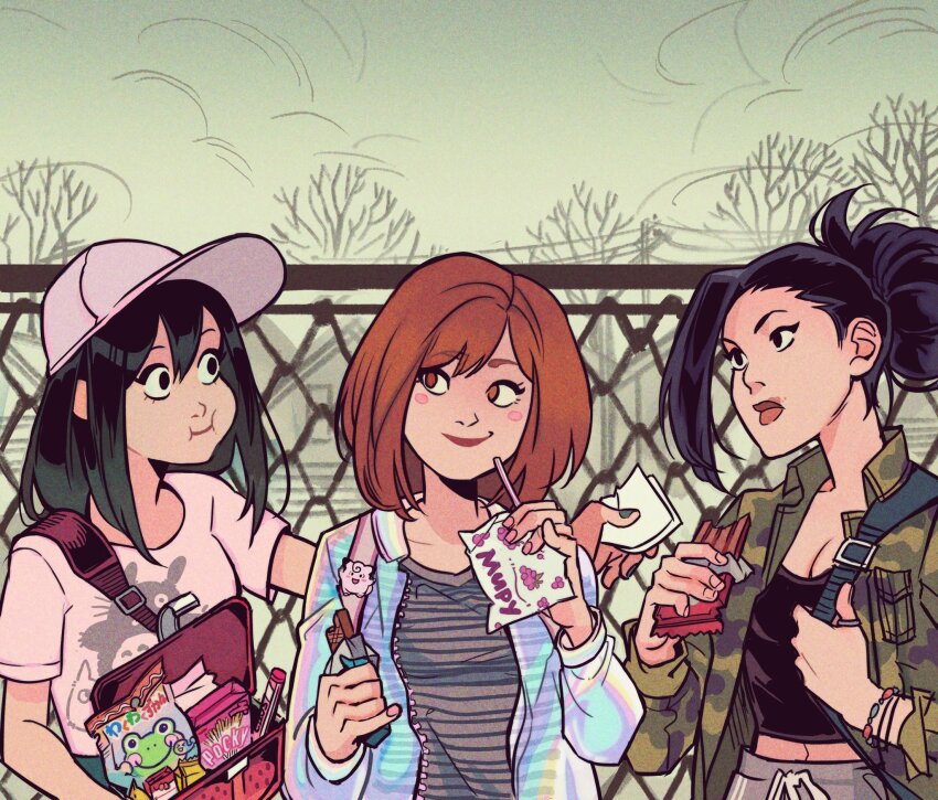 3girls, asui_tsuyu, bag, black_hair, blush_stickers, boku_no_hero_academia, chibi_totoro, chocolate, commentary, crop_top, english_commentary, eye_contact, food, gabriel_picolo, highres, holding, jacket, light_brown_hair, looking_at_another, medium_hair, multiple_girls, open_mouth, pocky, ponytail, shirt, short_hair, shoulder_bag, single_sidelock, smile, t-shirt, totoro, upper_body, uraraka_ochako, yaoyorozu_momo