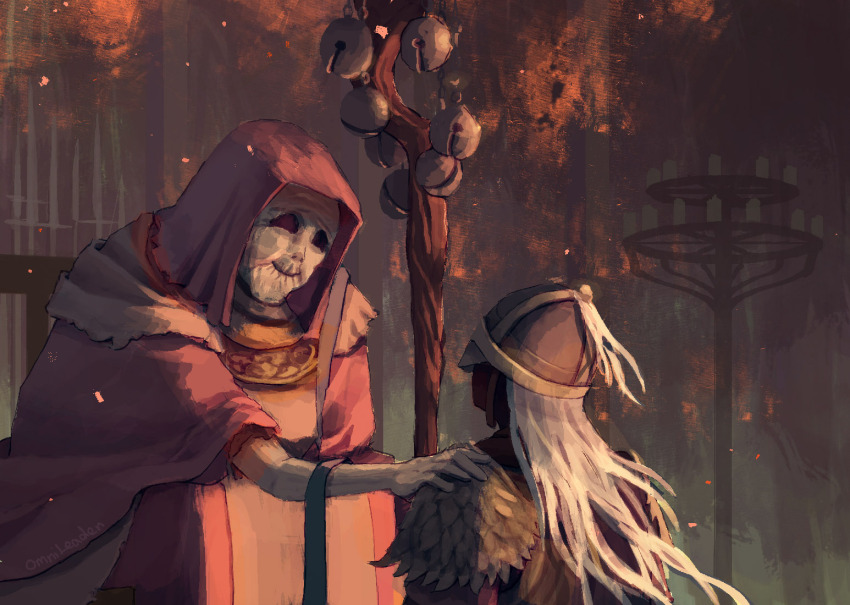 1boy, 1girl, armor, bell, bloody_wolf_(elden_ring), candle, candlestand, commentary