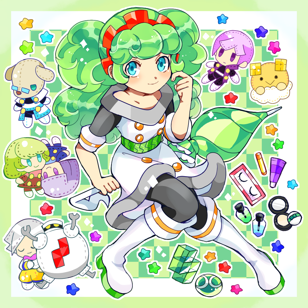 1girl, ai_(puyopuyo), aqua_eyes, arm_at_side, black_sleeves, character_doll, checkered_background, closed_mouth, closed_umbrella, compact_(cosmetics), cosmetics, curly_hair, doll, double-parted_bangs, dress, elle_(puyopuyo), ess_(puyopuyo), ex_(puyopuyo), flipped_sidelocks, from_above, full_body, green_background, green_umbrella, hand_up, jay_(puyopuyo), kneehighs, knees_together_feet_apart, kurimori, light_smile, long_hair, looking_at_viewer, nail_polish_bottle, off-shoulder_dress, off_shoulder, outline, outside_border, puyo_(puyopuyo), puyopuyo, puyopuyo_tetris, short_sleeves, sidelocks, sitting, sleeve_cuffs, socks, solo, star_(symbol), stuffed_toy, tetromino, tube_(container), twintails, umbrella, unconventional_broom, very_long_hair, white_dress, white_footwear, white_outline, zed_(puyopuyo)