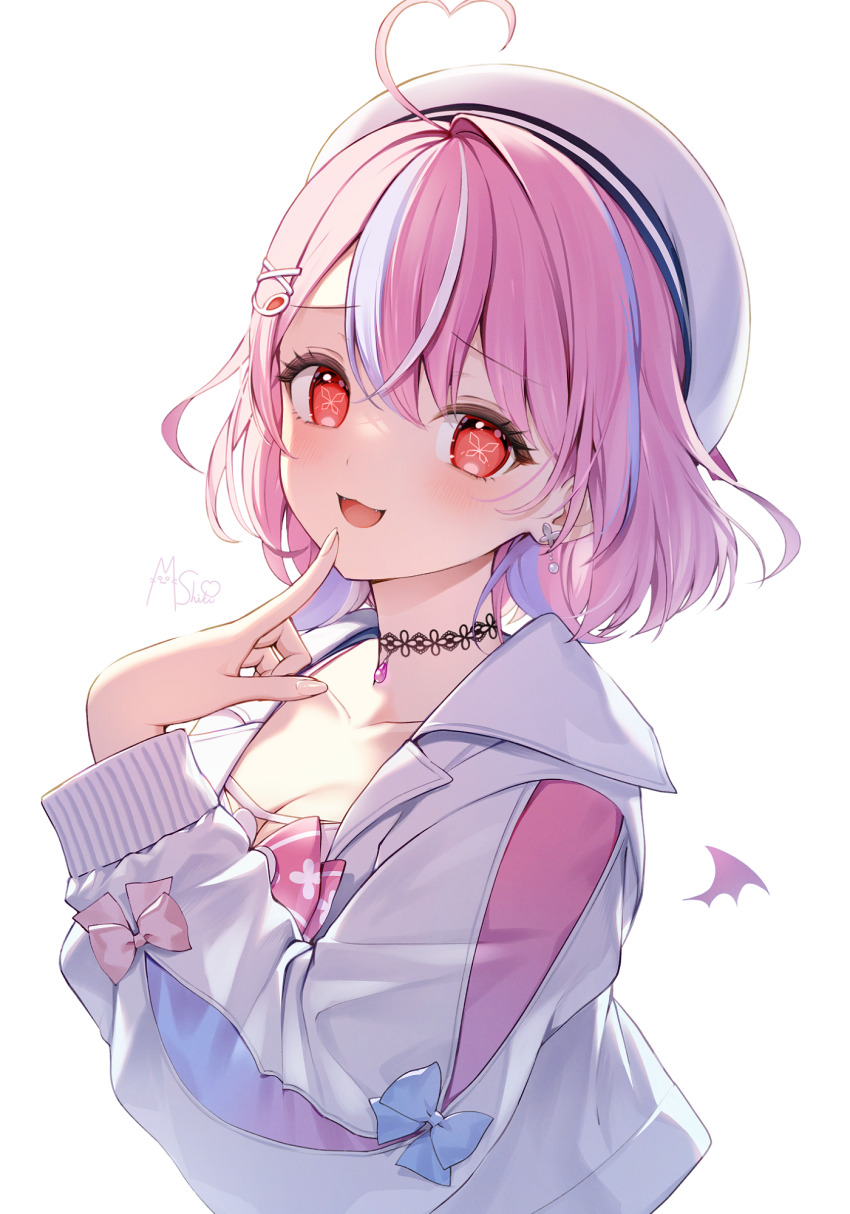 .live, 1girl, :3, ahoge, beret, black_choker, blue_bow, blush