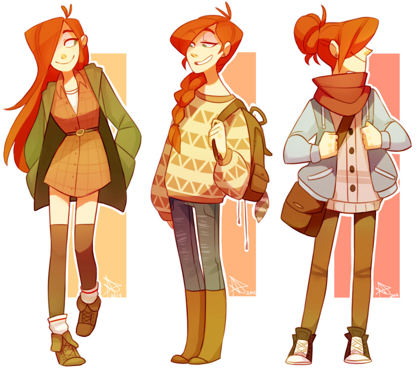 3girls, ankle_socks, black_thighhighs, blue_jacket, braid, brown_dress, brown_footwear, brown_pants, brown_scarf, denim, dress, gravity_falls, green_jacket, hair_bun, itsscaredycat, jacket, long_hair, multiple_girls, pants, red_hair, scarf, shoes, single_braid, sneakers, socks, sweater, thighhighs, wendy_corduroy