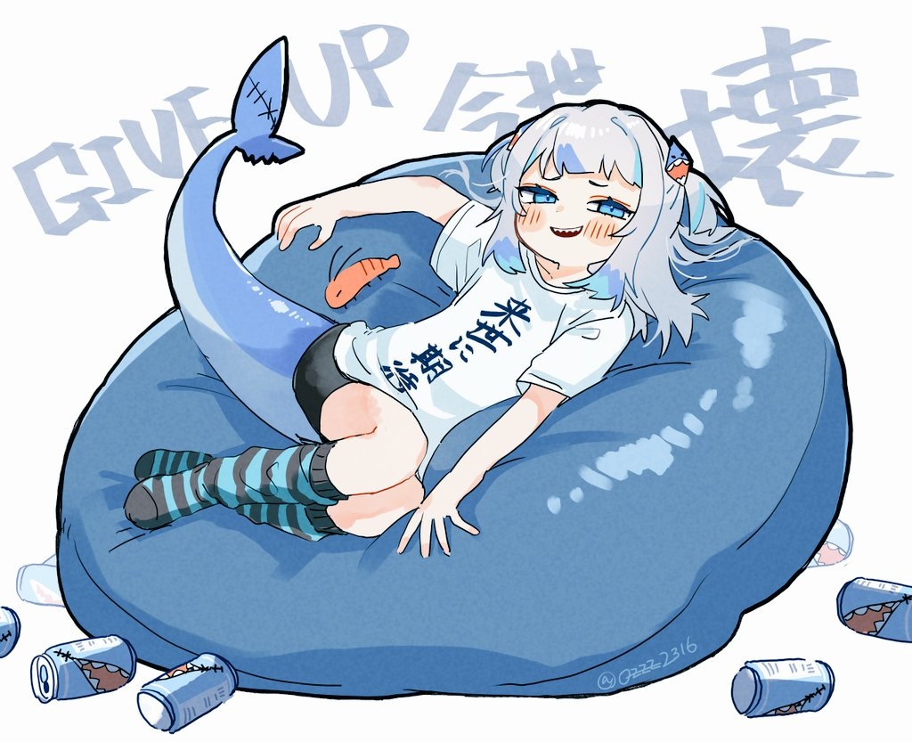 1girl, :d, alternate_costume, bike_shorts, black_shorts, black_socks, blue_eyes, blue_hair, blue_socks, blunt_bangs, blush, can, dot_nose, fins, fish_tail, gawr_gura, hair_ornament, hololive, hololive_english, horizontal-striped_socks, lying, medium_hair, multicolored_hair, on_back, open_mouth, ozu_(user_sjjz4357), shark_girl, shark_hair_ornament, shark_tail, sharp_teeth, shirt, shorts, shrimp, simple_background, smile, socks, solo, streaked_hair, striped_clothes, striped_socks, t-shirt, tail, teeth, two_side_up, virtual_youtuber, white_background, white_hair, white_shirt