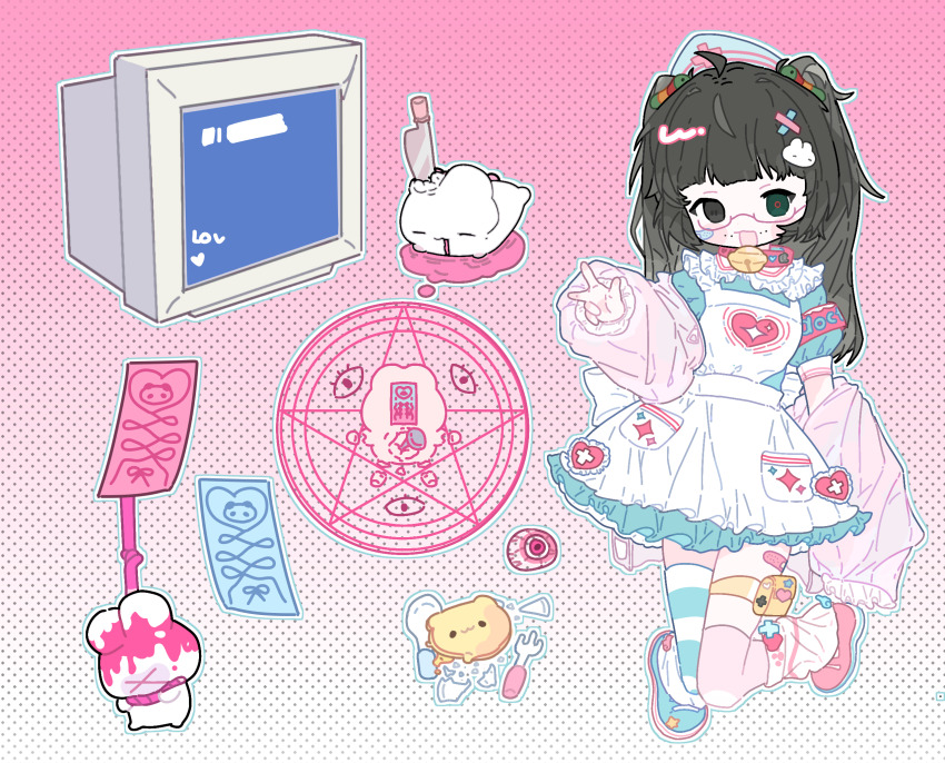 1girl, ahoge, alternate_costume, armband, asymmetrical_footwear, asymmetrical_legwear, bandaid, bandaid_on_face, bandaid_on_leg, bell, black_eyes, black_hair, blue_dress, blue_hat, blue_shoes, blunt_bangs, blush_stickers, chinese_commentary, collar, commentary_request, dress, eyeball, fork, frilled_sleeves, frills, full_body, green_eyes, hair_ornament, hat, heterochromia, highres, jacket, jacket_partially_removed, kneehighs, knife, long_hair, luren948, maid_headdress, mismatched_footwear, mismatched_legwear, monitor, naihe_(female)_(touqi_guaitan), neck_bell, nurse_cap, official_alternate_hairstyle, ofuda, open_mouth, pentagram, pink_armband, pink_background, pink_collar, pink_jacket, pink_shoes, pink_socks, polka_dot, polka_dot_background, puffy_short_sleeves, puffy_sleeves, rabbit_hair_ornament, shoes, short_bangs, short_sleeves, smile, socks, solo, striped_clothes, striped_thighhighs, thigh_strap, thighhighs, touqi_guaitan, twintails, w, white_thighhighs, x_hair_ornament, yami_kawaii