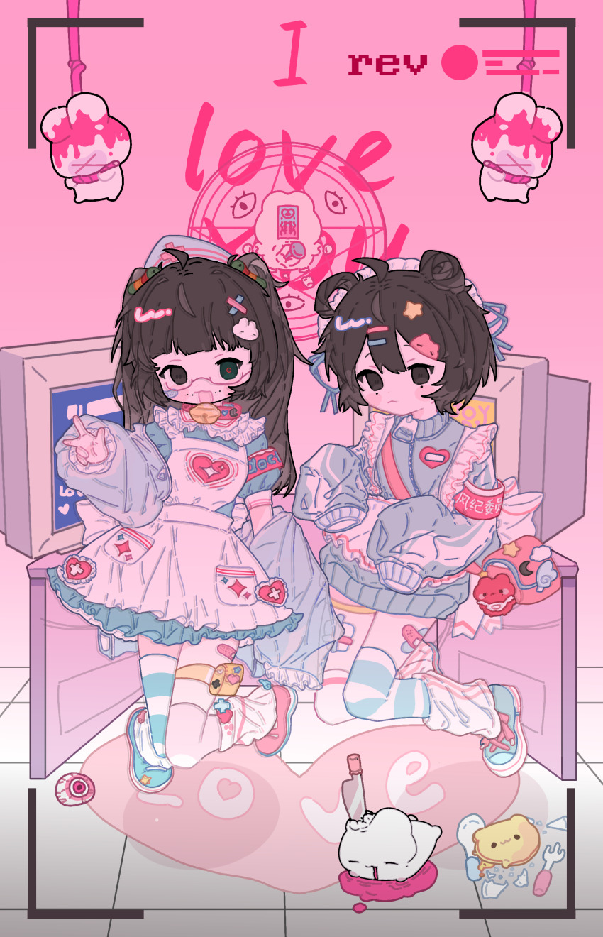 2girls, absurdres, ahoge, alternate_costume, apron, armband, asymmetrical_footwear, asymmetrical_legwear