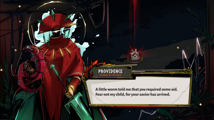 1boy, armor, character_name, cowboy_shot, dragonroilz, english_text, fake_screenshot, gold_armor, green_trim, hades_(series), highres, holding, holding_sword, holding_weapon, looking_at_viewer, parody, providence_(risk_of_rain), red_robe, risk_of_rain, risk_of_rain_(series), robe, snake, solo, style_parody, sword, weapon