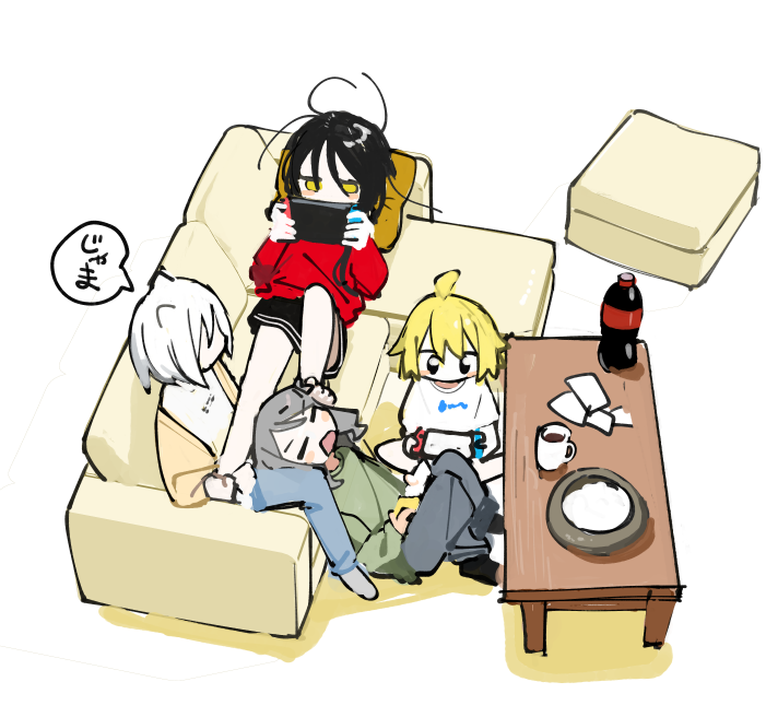 4girls, agoshi_sakina, ahoge, annoyed, black_eyes, black_hair, black_shorts, blonde_hair