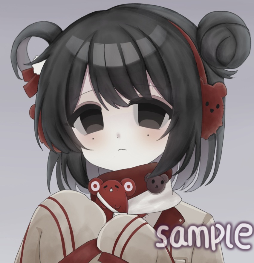 1girl, :<, animal_earmuffs, black_eyes, black_hair, brown_jacket, chinese_commentary, closed_mouth, commentary_request, earmuffs, grey_background, hair_bun, hair_rings, jacket, li_yuting_(female), li_yuting_(mouse), long_sleeves, mofa_maomao, official_alternate_costume, portrait, red_shirt, sample_watermark, shirt, short_hair, simple_background, single_hair_bun, single_hair_ring, sleeves_past_fingers, sleeves_past_wrists, solo, touqi_guaitan, watermark