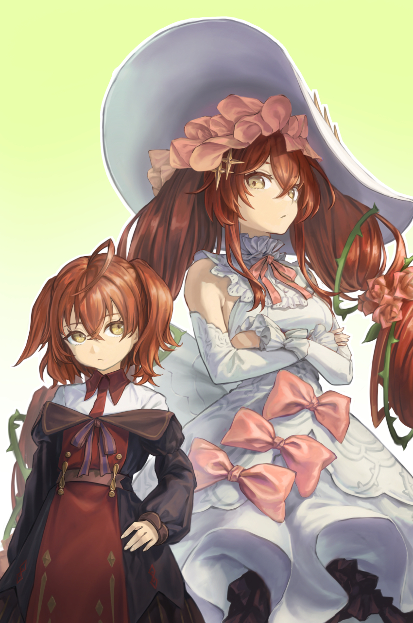 2girls, absurdres, aged_down, alchemy_stars, armpit_crease, black_robe, breasts, brown_eyes