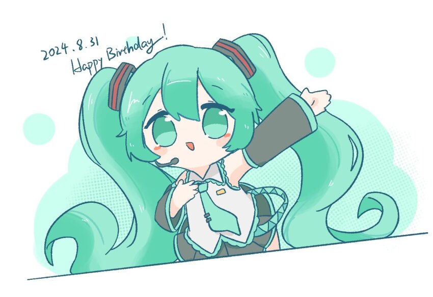 1girl, aqua_eyes, aqua_hair, aqua_necktie, arm_up, black_skirt, black_sleeves, chibi