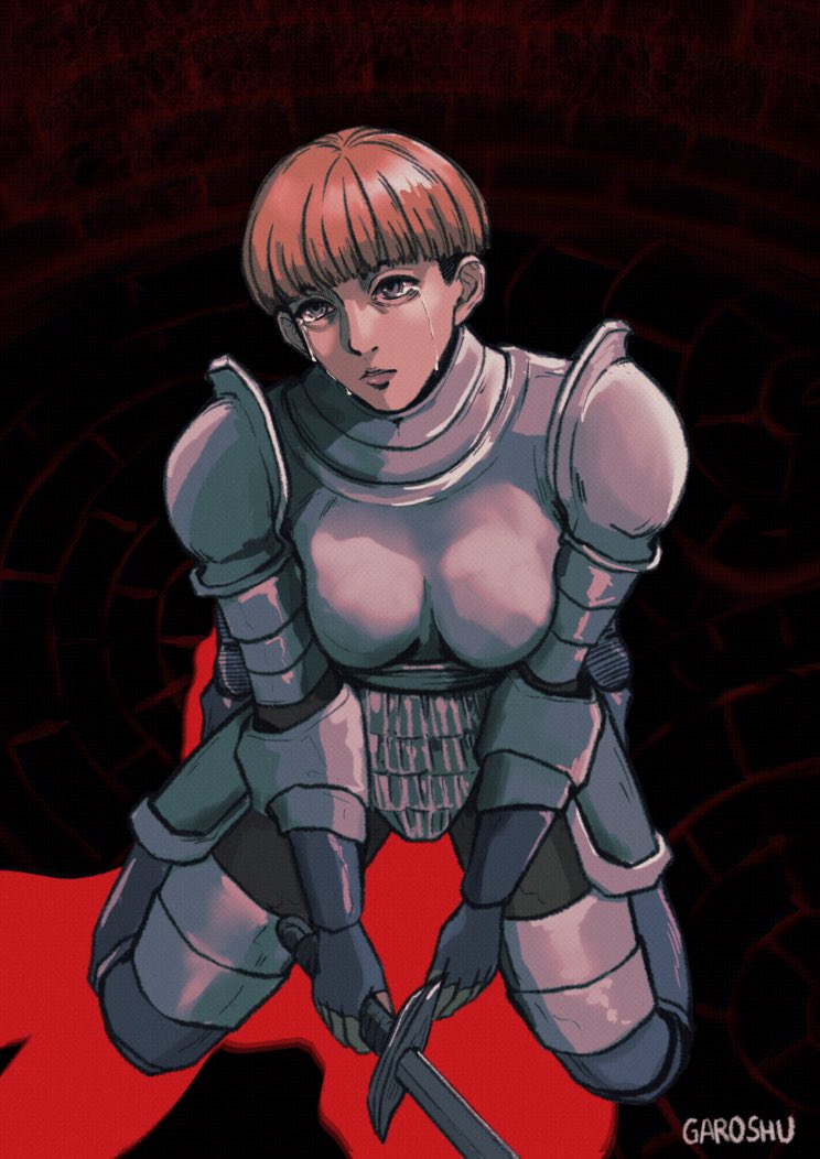 1girl, armor, artist_name, black_background, black_gloves, boobplate, bowl_cut, breastplate, breasts, commentary, crying, crying_with_eyes_open, cuisses, d'arce_(fear_&amp;_hunger), fear_&amp;_hunger, fear_&amp;_hunger_(series), fear_&amp;_hunger_1, fingerless_gloves, full_body, garoshu_art, gloves, holding, holding_sword, holding_weapon, kneeling, knight, large_breasts, orange_hair, pauldrons, red_background, short_hair, shoulder_armor, solo, sword, tears, two-tone_background, weapon