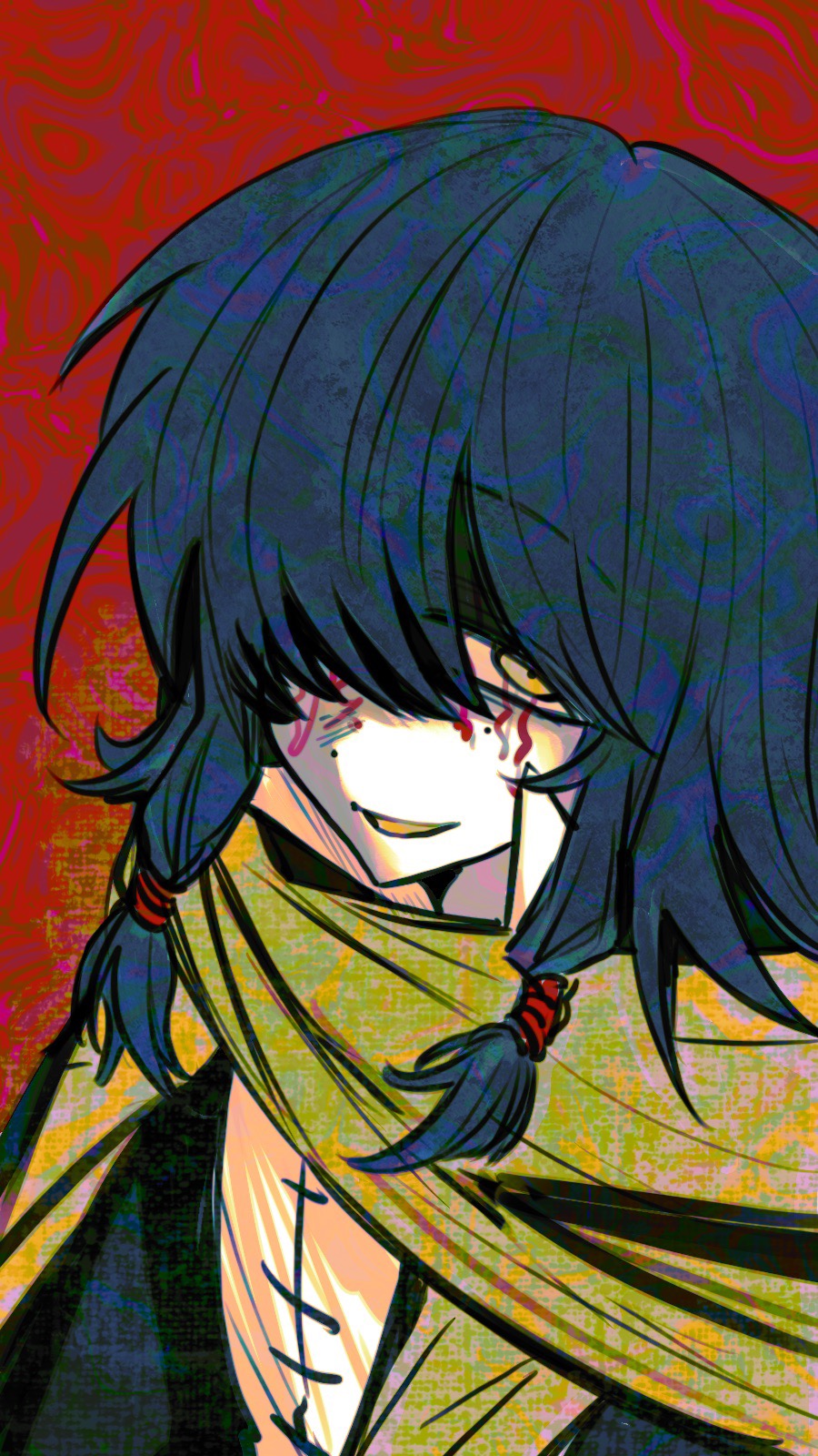 1boy, black_hair, black_jacket, chinese_commentary, commentary_request, discommode, facial_tattoo, hair_over_one_eye, highres, jacket, male_focus, mole, mole_under_eye, open_clothes, open_jacket, open_mouth, red_background, scarf, shirt, sidelocks, smile, solo, tattoo, touqi_guaitan, upper_body, white_shirt, yellow_eyes, yellow_scarf, ziche_fuzhao