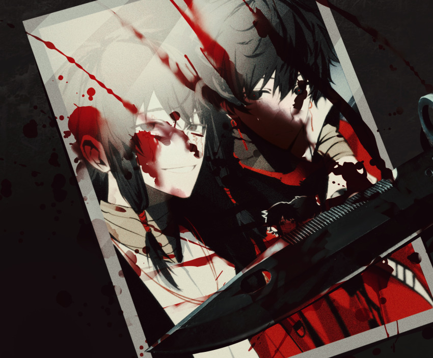 2boys, arm_around_shoulder, bandaged_arm, bandaged_neck, bandages, black_eyes, black_hair, black_jacket, blood, blood_on_photo, bloody_weapon, can, chinese_commentary, closed_mouth, commentary_request, earrings, facial_tattoo, grin, hair_between_eyes, highres, holding, holding_can, jacket, jewelry, knife, li_yuting_(male), male_focus, multiple_boys, open_clothes, open_jacket, photo_(object), red_jacket, red_pupils, shirt, short_hair, short_hair_with_long_locks, smile, tattoo, timedown, touqi_guaitan, weapon, white_shirt, ziche_fuzhao