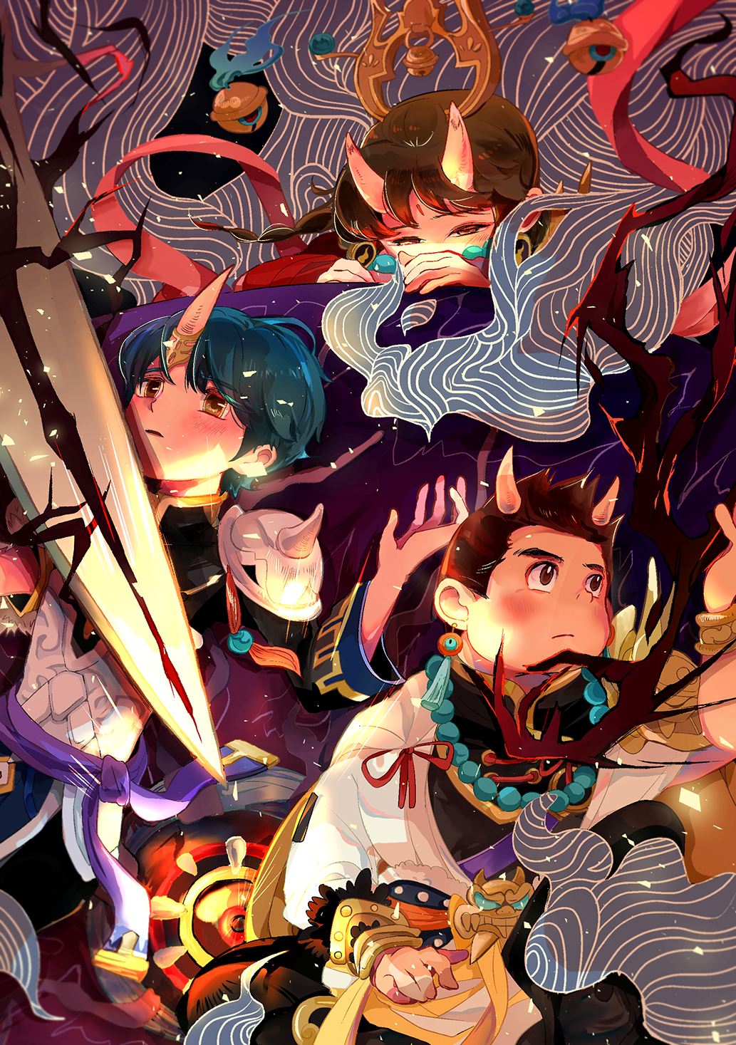 1girl, 3boys, amano_natsume, armor, bell, blue_hair, brown_hair, darkness