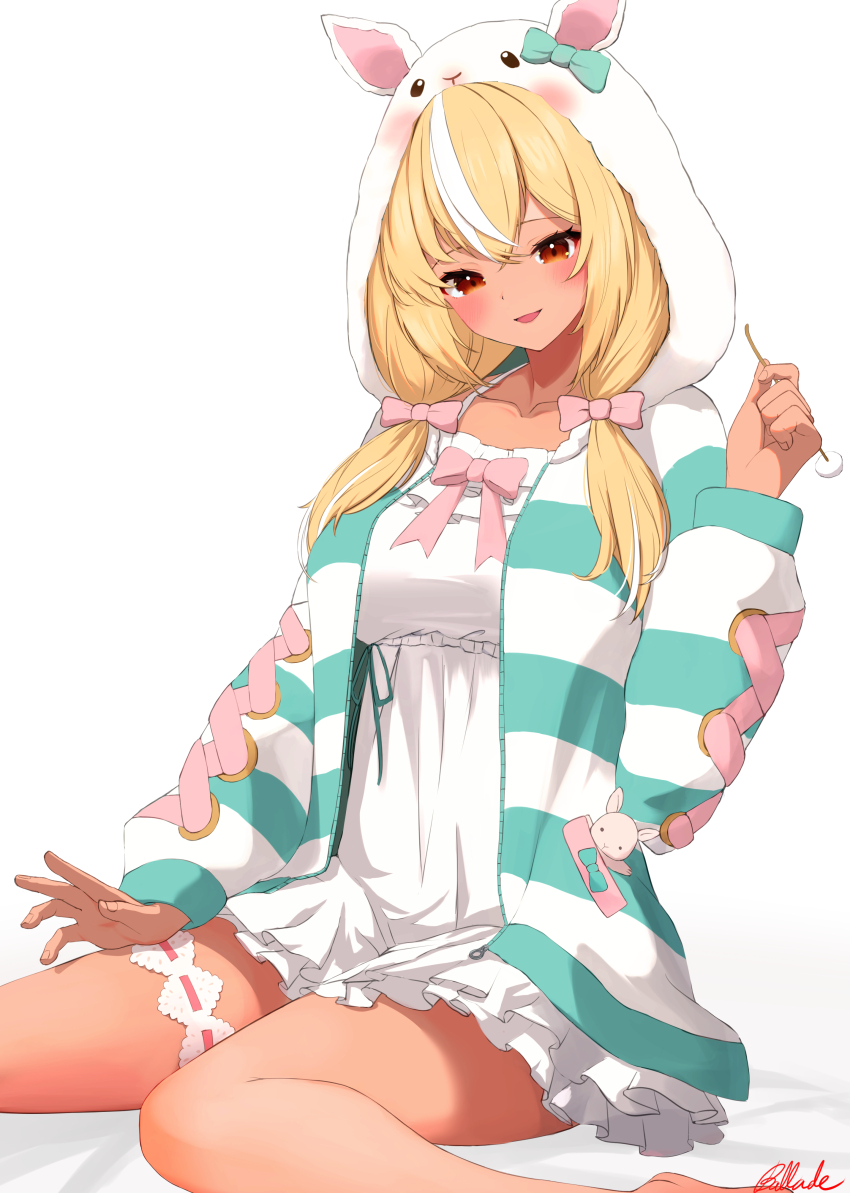 1girl, absurdres, animal_hood, bizusuhatu123, blonde_hair, blush, breasts, commentary_request