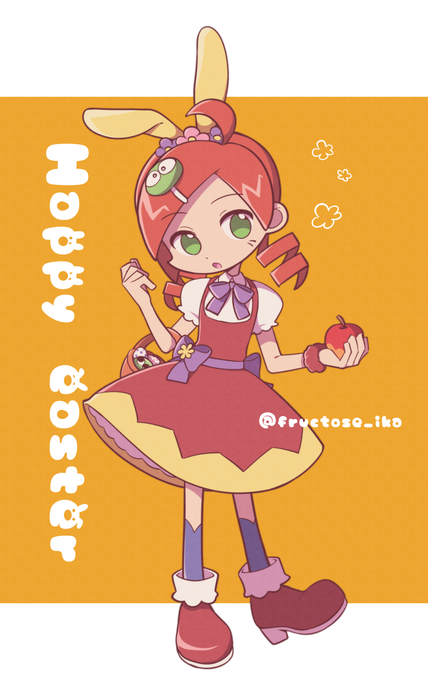 1girl, :o, absurdres, andou_ringo, animal_ears, apple, artist_name, basket, black_socks, bow, bowtie, collared_shirt, deformed, dress, drill_hair, easter, fake_animal_ears, flower, fold-over_boots, food, fruit, full_body, green_eyes, hair_flower, hair_ornament, hand_up, happy_easter, highres, holding, holding_food, holding_fruit, inotaso, kneehighs, letterboxed, looking_to_the_side, medium_hair, no_pupils, official_style, open_mouth, orange_background, outside_border, puffy_short_sleeves, puffy_sleeves, purple_bow, purple_bowtie, purple_sash, puyopuyo, rabbit_ears, red_dress, red_footwear, sash, shirt, shirt_under_dress, short_sleeves, sideways_glance, socks, solo, standing, standing_on_one_leg, twin_drills, waist_bow, waist_sash, white_shirt, wing_collar