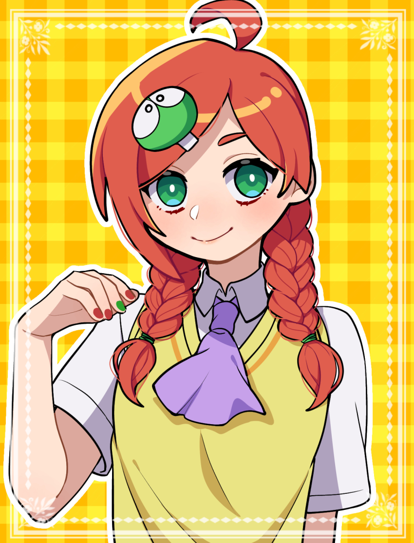 1girl, ahoge, alternate_hairstyle, andou_ringo, arm_at_side, border, braid, breasts