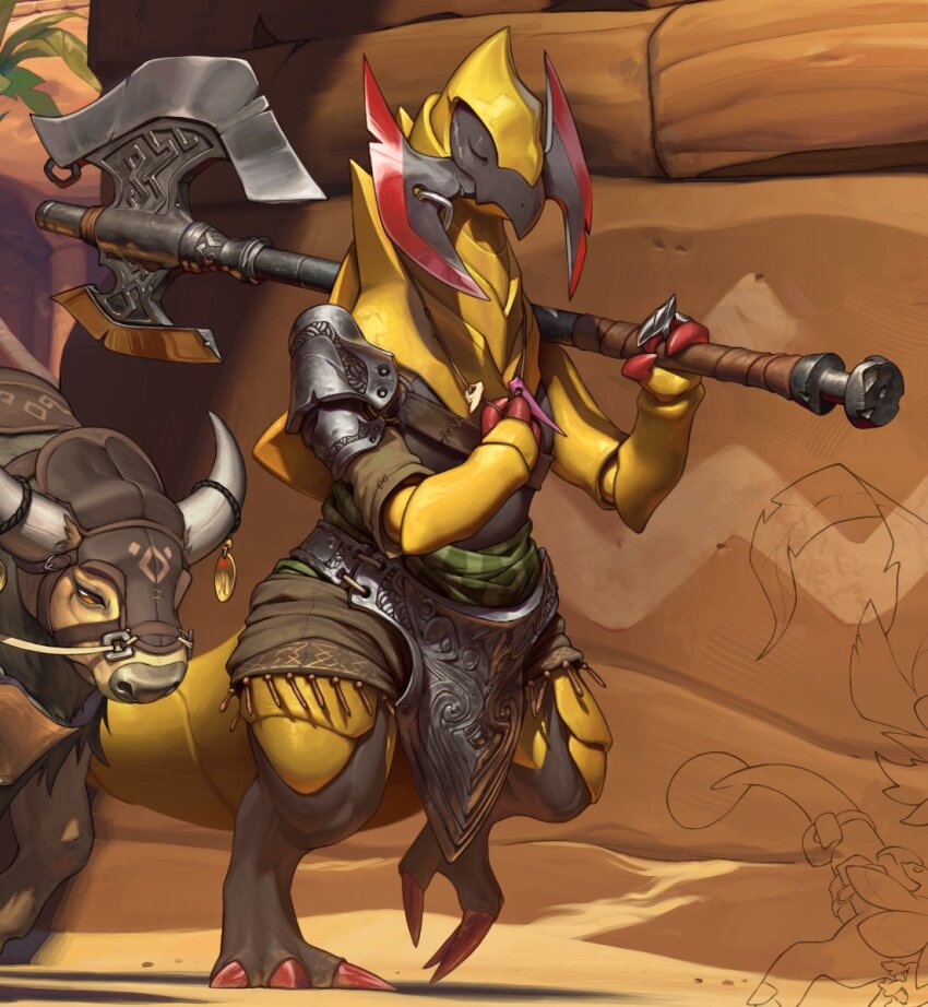 armor, axe, beak, bridle, brown_eyes, brown_fur, bull, claws