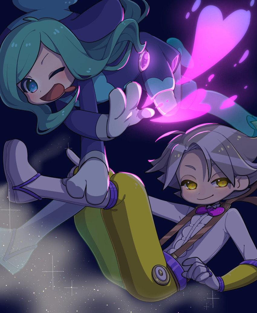 2boys, ;d, absurdres, aqua_hair, black_background, bow, bowtie, closed_mouth