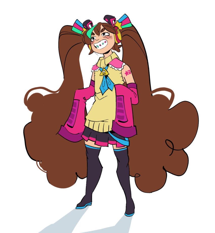 1girl, bare_shoulders, bill_cipher, birthday_connection, black_skirt, blue_neckerchief, boots, braces