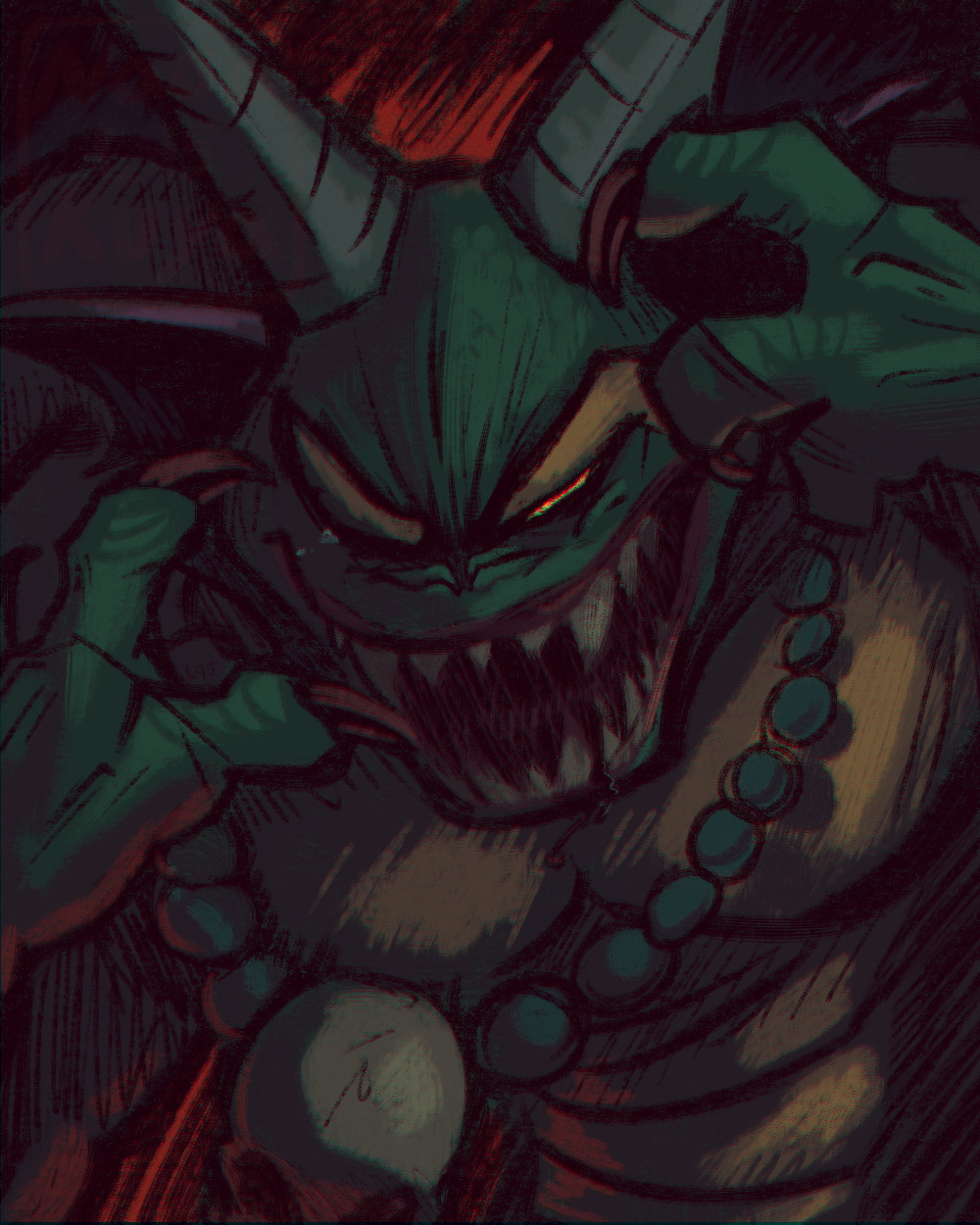 1boy, bead_necklace, beads, blood, blood_from_mouth, bone_necklace, claws, commentary