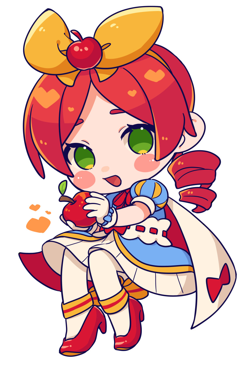 1girl, absurdres, andou_ringo, ankle_bow, ankle_ribbon, apple_hair_ornament, blue_bow, blue_dress, blush_stickers, bow, bow_hairband, cape, chibi, chibi_only, dress, drill_hair, food, food-themed_hair_ornament, foot_dangle, fruit, fruit_hair_ornament, full_body, fur-trimmed_sash, gloves, green_eyes, hair_ornament, hairband, hands_up, heart, high_heels, highres, holding, holding_food, holding_fruit, inotaso, invisible_chair, kitten_heels, leg_ribbon, looking_at_viewer, medium_hair, middle_part, no_nose, no_pupils, open_mouth, pale_skin, pantyhose, puffy_short_sleeves, puffy_sleeves, pumps, puyopuyo, puyopuyo_quest, red_cape, red_footwear, red_hair, ribbon, ribbon-trimmed_sash, sash, short_sleeves, sideways_glance, simple_background, sitting, solo, tachi-e, twin_drills, two-handed, two-sided_cape, two-sided_fabric, white_background, white_cape, white_gloves, white_pantyhose, white_sash, wrist_bow, yellow_bow, yellow_hairband, yellow_trim