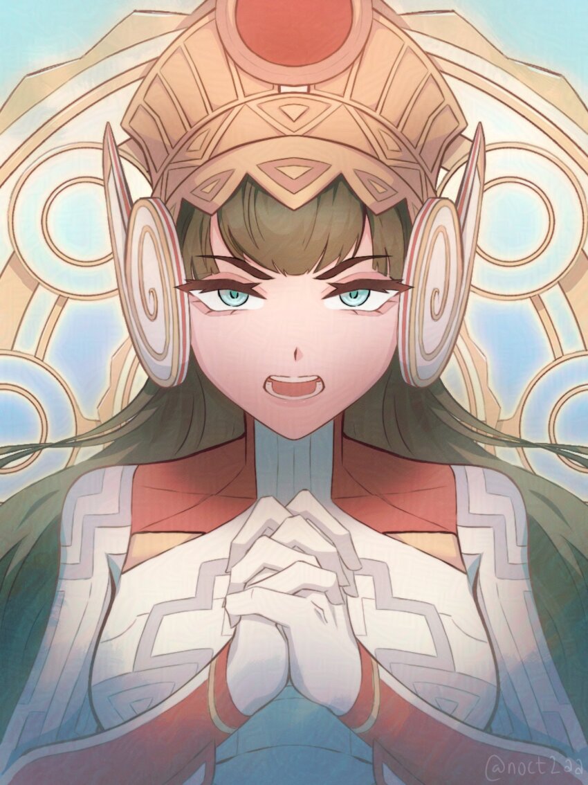 1girl, black_hair, blue_background, blue_eyes, bodysuit, commentary, english_commentary, grey_bodysuit, hair_ornament, hat, highres, interlocked_fingers, isonokami_tao, isonokami_tao_(panagia), long_hair, long_sleeves, looking_at_viewer, noct2aa, official_alternate_costume, open_mouth, own_hands_together, shin_megami_tensei, shin_megami_tensei_v, simple_background, solo, teeth, twitter_username, yellow_hat