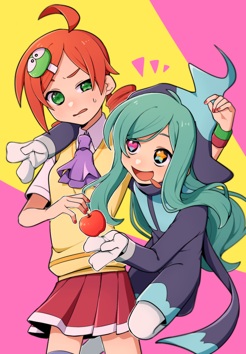1boy, 1girl, :d, absurdres, ahoge, andou_ringo, apple, aqua_hair