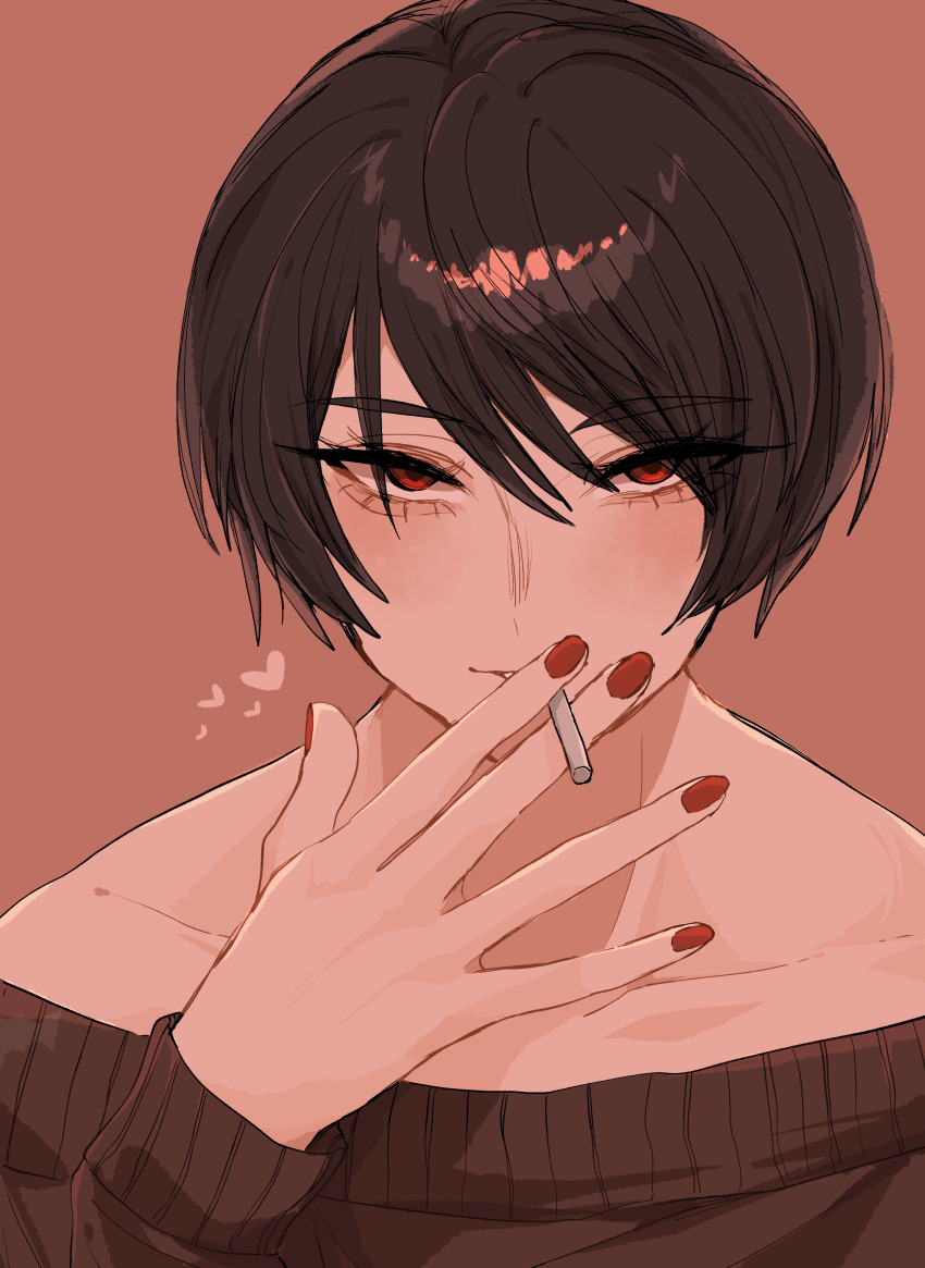 1girl, absurdres, black_hair, black_sweater, cigarette, collarbone, facing_viewer, heart