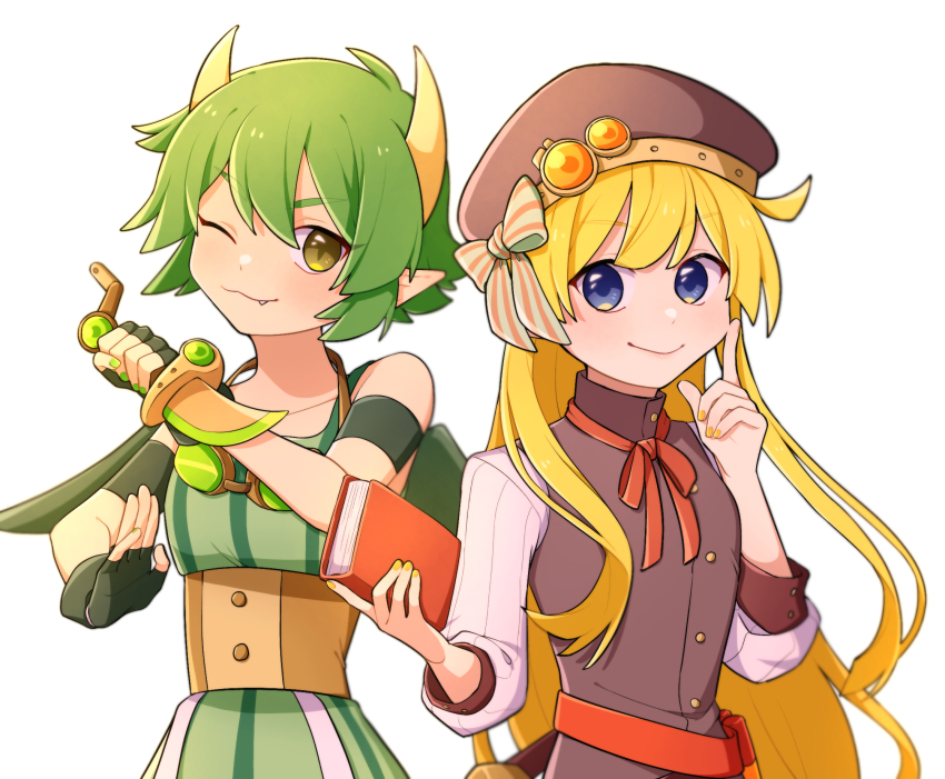 2girls, ;3, ahoge, armband, belt, belt_pouch, beret, black_gloves