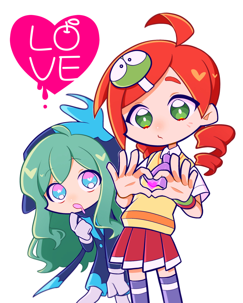 1boy, 1girl, four-finger_heart_hands, absurdres, ahoge, andou_ringo, behind_another, black_hat