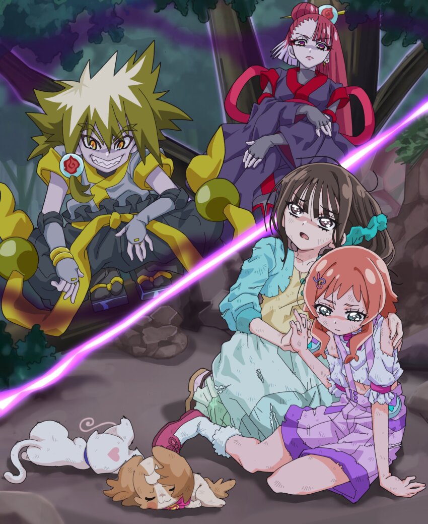 1girl, 5girls, absurdres, blonde_hair, brown_eyes, cat, clothing_cutout, colored_skin, defeat, dirt, dog, dress_shoes, forest, green_eyes, grey_skin, hair_ornament, hair_stick, highres, inukai_iroha, inukai_komugi, inukai_komugi_(dog), masaru_(win800), midriff, multiple_girls, nature, nekoyashiki_mayu, nekoyashiki_yuki, nekoyashiki_yuki_(cat), orb, pact_holder, papillon_(dog), precure, red_hair, rock, shorts, shoulder_cutout, suspender_shorts, suspenders, torame_(precure), torn_clothes, tree, wonderful_precure!, zakuro_(precure)