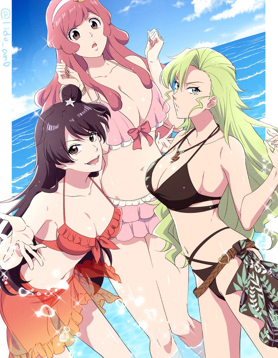 3girls, bambietta_basterbine, bikini, black_hair, bleach, bleach:_brave_souls, bleach:_sennen_kessen-hen, breasts, candice_catnipp, cleavage, green_eyes, green_hair, large_breasts, lido_an0, long_hair, meninas_mcallon, multiple_girls, navel, official_alternate_costume, purple_hair, sarong, swimsuit