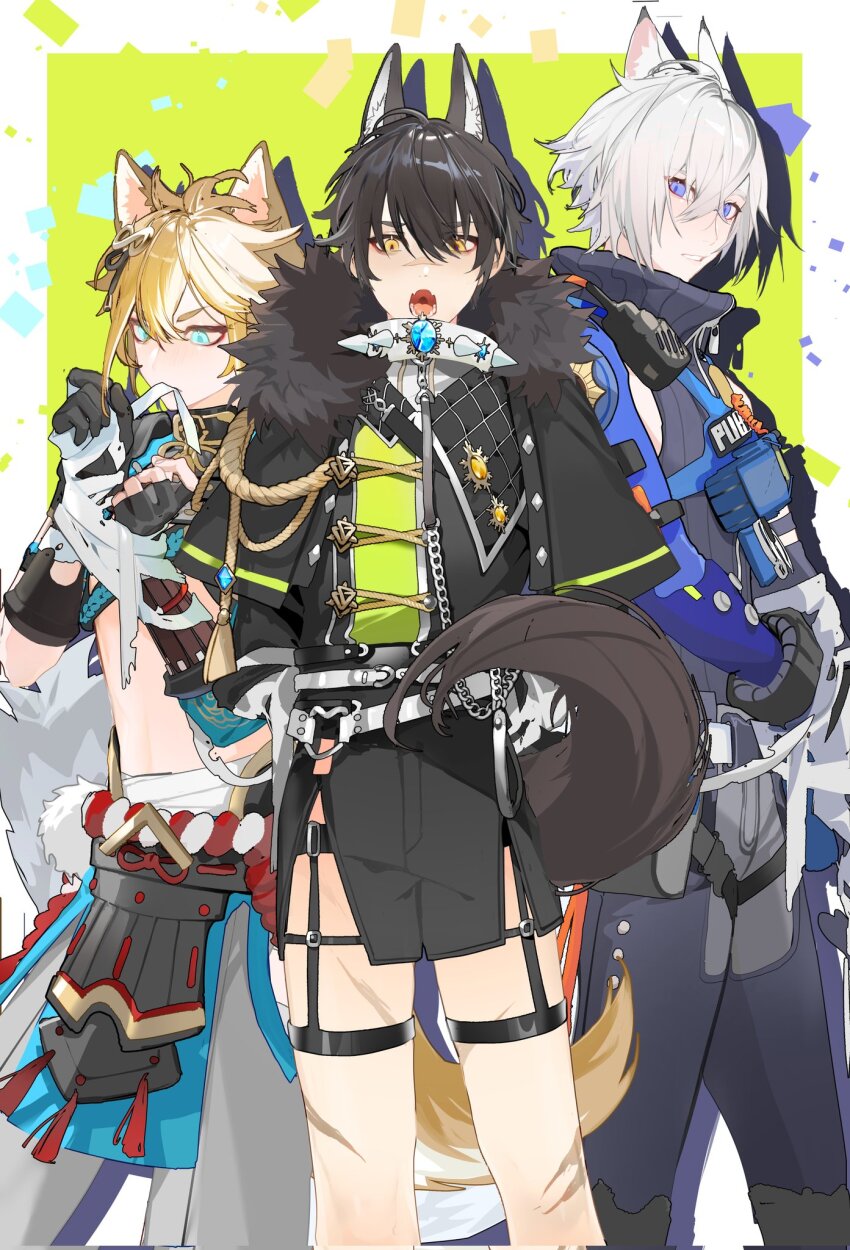 3boys, animal_ears, bandaged_arm, bandages, bishounen, black_gloves, black_hair, blue_eyes, brown_hair, cat_boy, cat_ears, cat_tail, crossover, dog_boy, dog_ears, fang, garu_(forgotten_fruit)_(nu_carnival), garu_(nu_carnival), genshin_impact, gloves, gorou_(genshin_impact), highres, japanese_clothes, male_focus, midriff, multiple_boys, multiple_crossover, nu_carnival, open_mouth, purple_eyes, seth_lowell, short_hair, shorts, tail, white_hair, wolf_boy, wolf_ears, wolf_tail, xiayabaier, yellow_eyes, zenless_zone_zero