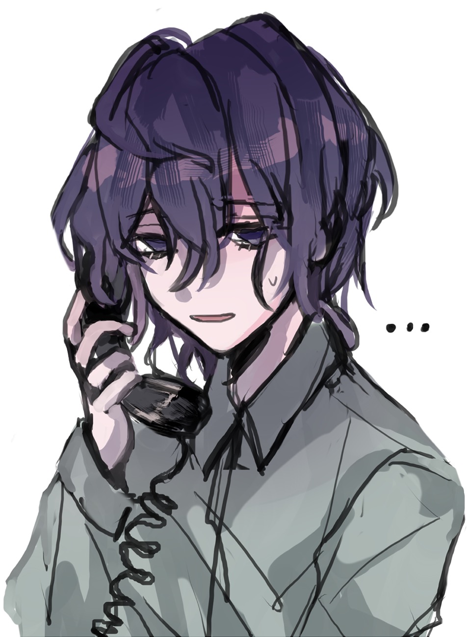 ..., 1boy, chinese_commentary, collared_shirt, commentary_request, corded_phone, eyelashes, green_shirt