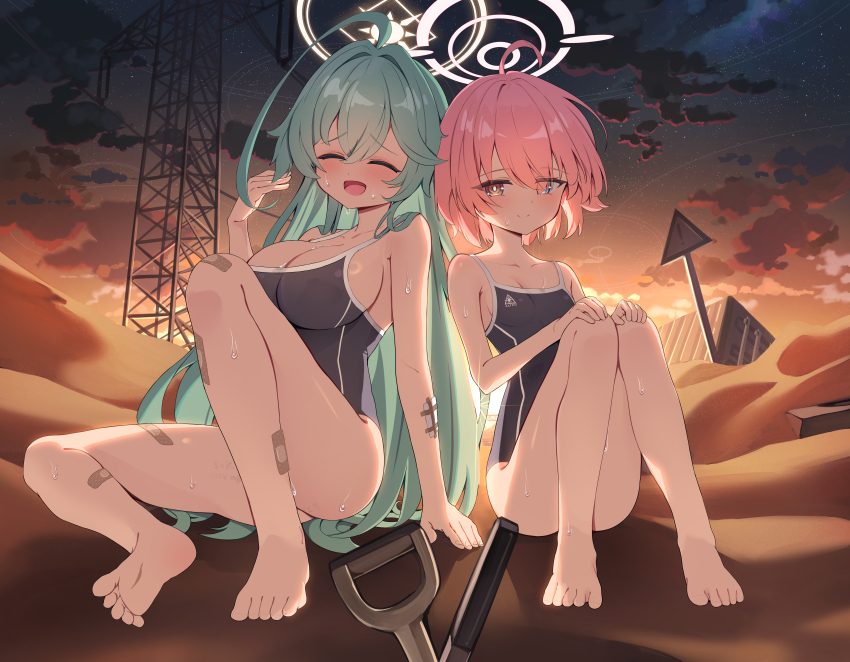 2girls, absurdres, ahoge, aqua_hair, bandaid, bandaid_on_leg, bare_arms, bare_legs