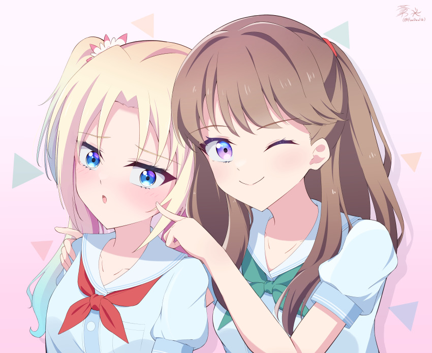2girls, :o, ;), absurdres, aqua_neckerchief, blonde_hair, blue_dress, blue_eyes, blue_hair, blush, breast_pocket, breasts, brown_hair, cheek_poking, closed_mouth, collarbone, commentary_request, dress, flower, fujishima_megumi, fundealg, gradient_background, gradient_hair, hair_flower, hair_ornament, hand_on_another's_shoulder, hasu_no_sora_school_uniform, highres, light_blue_hair, link!_like!_love_live!, long_hair, looking_at_viewer, love_live!, medium_breasts, mira-cra_park!, multicolored_hair, multiple_girls, neckerchief, one_eye_closed, open_mouth, osawa_rurino, parted_bangs, partial_commentary, pink_background, pink_flower, pocket, poking, puffy_short_sleeves, puffy_sleeves, purple_eyes, red_neckerchief, revision, sailor_collar, sailor_dress, school_uniform, short_sleeves, signature, smile, split_mouth, summer_uniform, triangle, twintails, two_side_up, upper_body, virtual_youtuber, white_sailor_collar