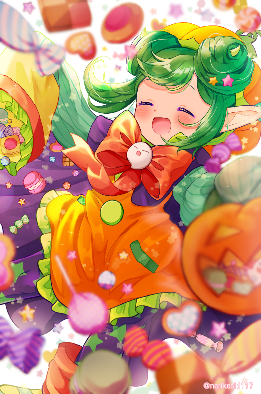 1girl, ^_^, arm_up, blurry, blush, bow, bowtie, brooch