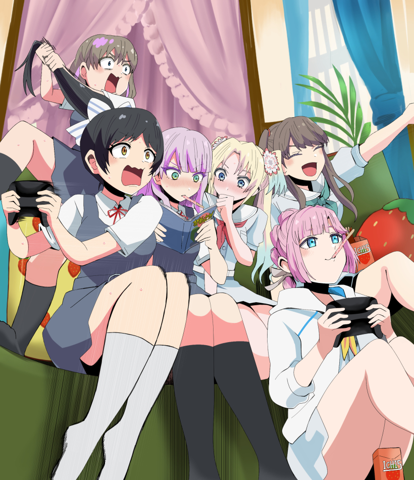 6+girls, :3, :d, ^_^, anyoji_hime, aqua_eyes, aqua_neckerchief, black_hair, black_socks, blonde_hair, blue_dress, blue_eyes, blue_hair, blunt_bangs, blush, book, bow, breast_pocket, brown_hair, closed_eyes, closed_mouth, coco_apollon, collared_shirt, commentary_request, constricted_pupils, controller, covering_own_mouth, dress, dress_shirt, feet_out_of_frame, flower, food, food_in_mouth, food_packaging, foot_out_of_frame, fujishima_megumi, game_controller, grabbing_another's_hair, gradient_hair, grey_dress, grey_ribbon, hair_bow, hair_flower, hair_ornament, hair_ribbon, hand_over_own_mouth, hasu_no_sora_school_uniform, hazuki_ren, high_ponytail, holding, holding_another's_hair, holding_book, holding_controller, holding_game_controller, hood, hooded_jacket, in-franchise_crossover, in-universe_location, indoors, jacket, kaleidoscore_(love_live!), kneehighs, light_blue_hair, light_brown_hair, link!_like!_love_live!, long_hair, love_live!, love_live!_superstar!!, mira-cra_park!, mouth_hold, multi-tied_hair, multicolored_hair, multiple_girls, neck_ribbon, neckerchief, nose_blush, open_clothes, open_jacket, open_mouth, osawa_rurino, parted_bangs, pinafore_dress, pink_flower, pink_hair, playing_games, playing_video_games, pocket, pocky, ponytail, pornography, puffy_short_sleeves, puffy_sleeves, purple_hair, reading, red_neckerchief, red_ribbon, ribbon, sailor_collar, sailor_dress, school_uniform, shirt, short_dress, short_hair, short_sleeves, sidelocks, sitting, sleeveless, sleeveless_dress, smile, socks, summer_uniform, swept_bangs, tang_keke, three-quarter_sleeves, twintails, two_side_up, v-shaped_eyebrows, virtual_youtuber, wavy_mouth, white_bow, white_jacket, white_sailor_collar, white_shirt, white_socks, wien_margarete, yellow_eyes, yellow_neckerchief, yuigaoka_school_uniform