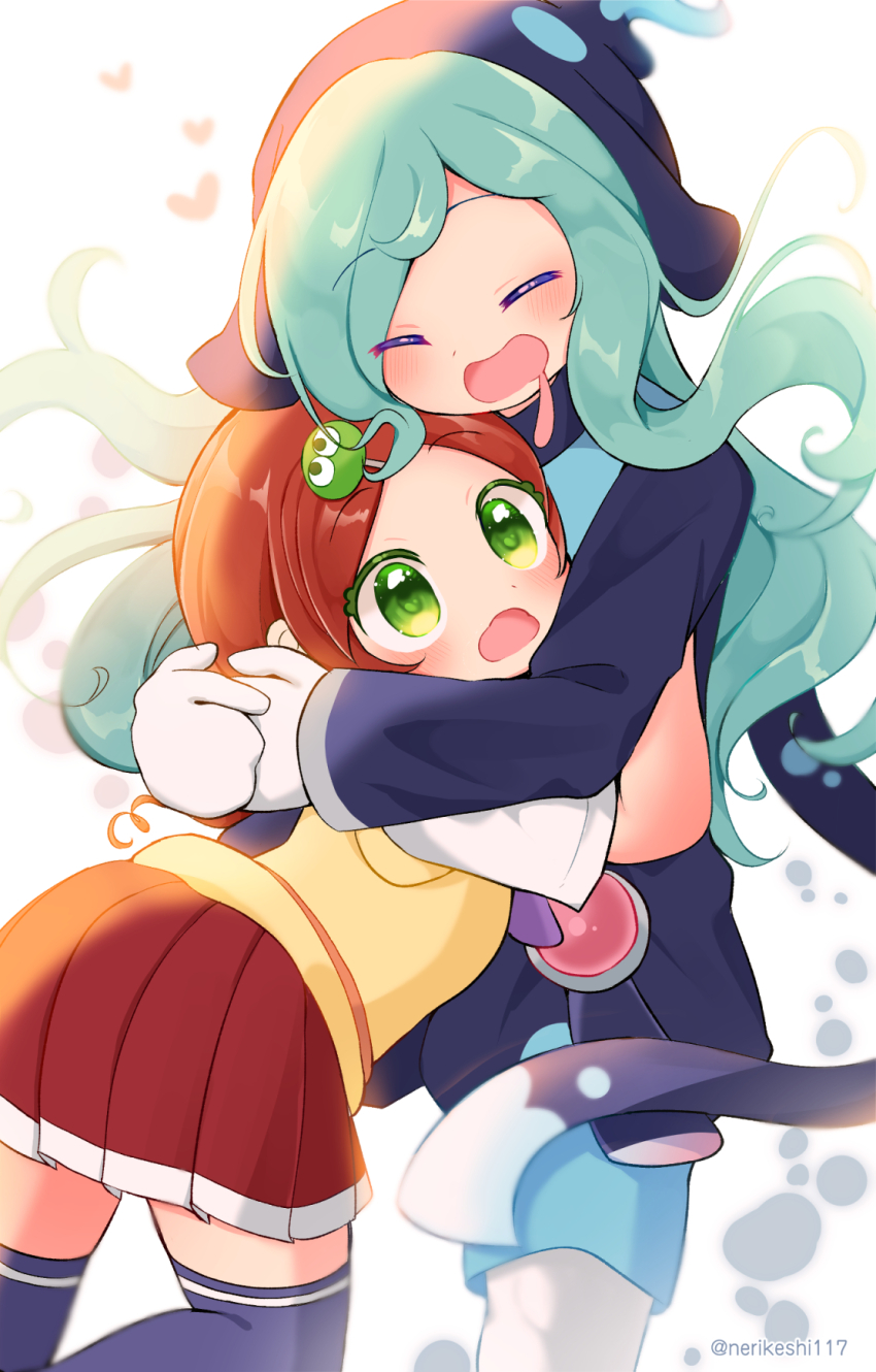 1boy, 1girl, ^_^, andou_ringo, aqua_hair, arched_back, arms_around_neck, artist_name