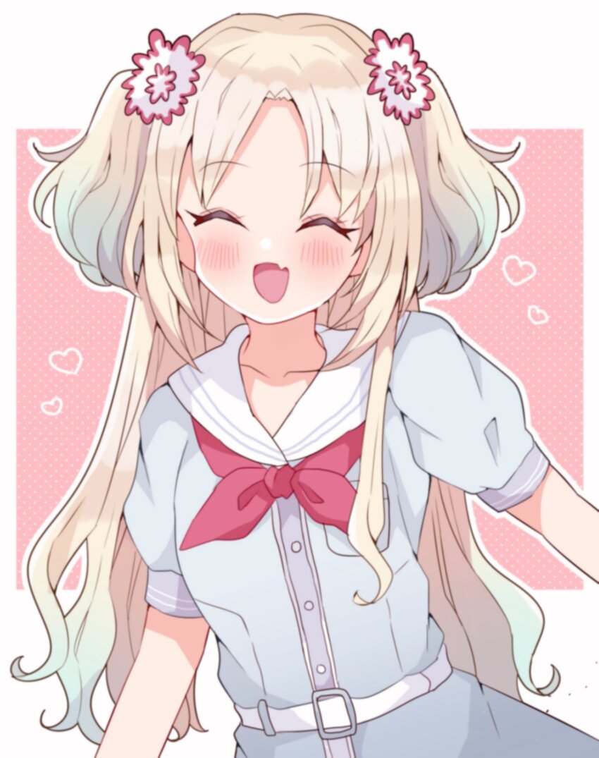 1girl, :d, ^_^, ametan_(meteo_impact), blonde_hair, blue_dress, blue_hair, blush